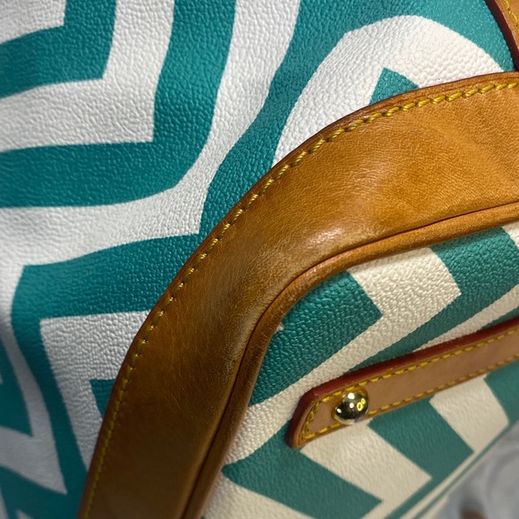 Dooney & Bourke Teal Chevron Tote with Tan leather trim roomy shopper shoulder - Picture 10 of 16